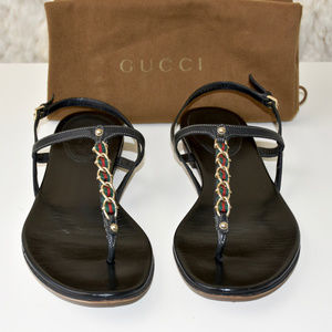 GUCCI Black Leather Gold Chain Strappy Sandals